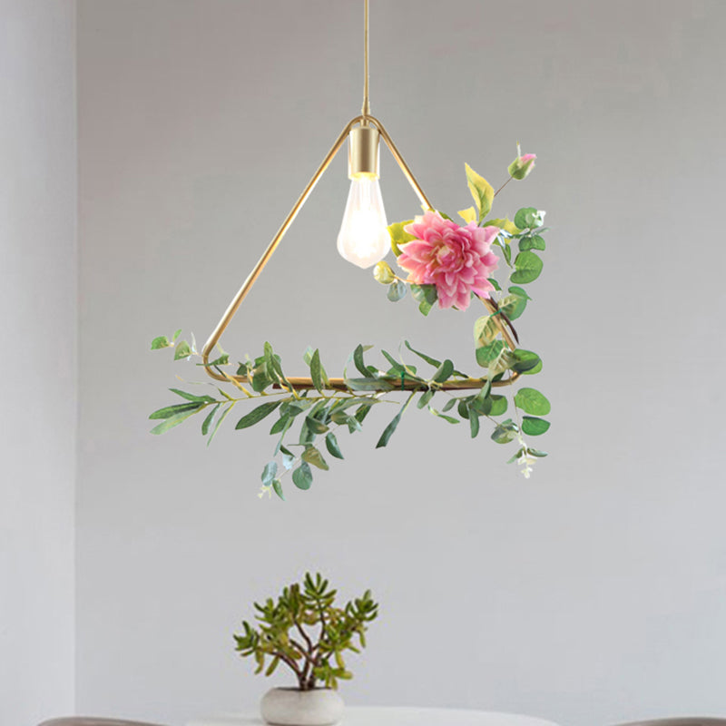 Suspension métallique moderne : 1 ampoule style loft champagne avec design unique en triangle/rond/carré pour plafond de salon, avec décoration de fleurs artificielles