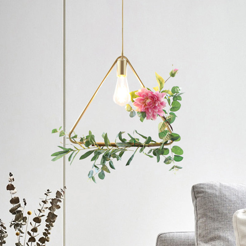 Suspension métallique moderne : 1 ampoule style loft champagne avec design unique en triangle/rond/carré pour plafond de salon, avec décoration de fleurs artificielles