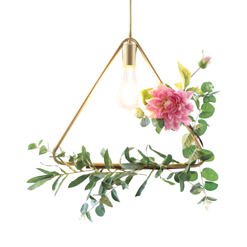 Suspension métallique moderne : 1 ampoule style loft champagne avec design unique en triangle/rond/carré pour plafond de salon, avec décoration de fleurs artificielles