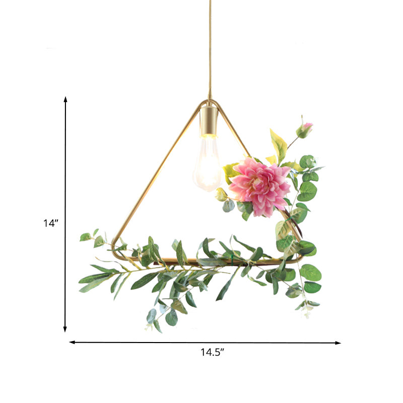 Suspension métallique moderne : 1 ampoule style loft champagne avec design unique en triangle/rond/carré pour plafond de salon, avec décoration de fleurs artificielles
