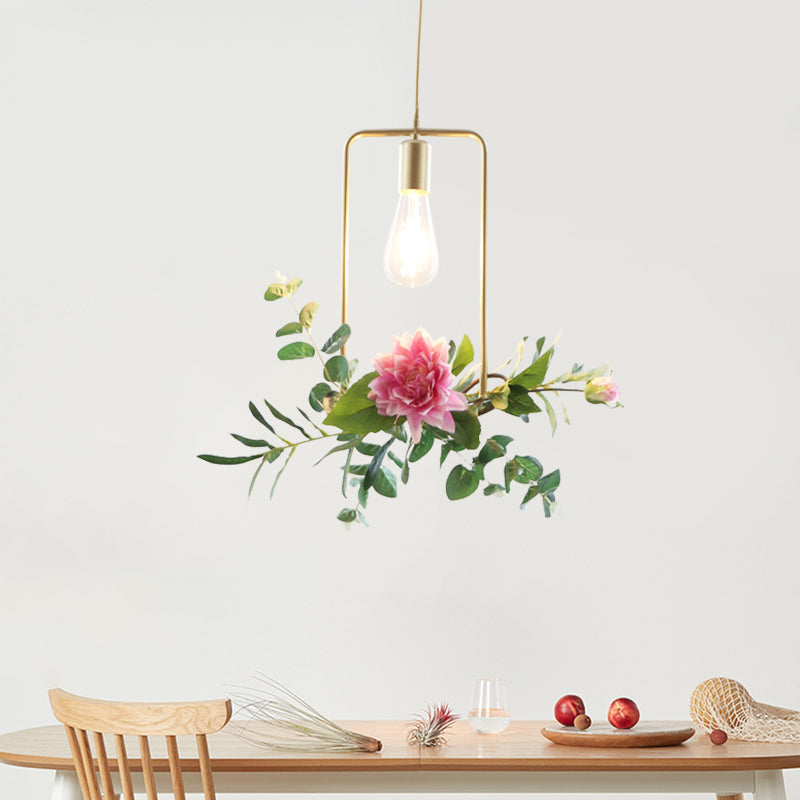 Suspension métallique moderne : 1 ampoule style loft champagne avec design unique en triangle/rond/carré pour plafond de salon, avec décoration de fleurs artificielles