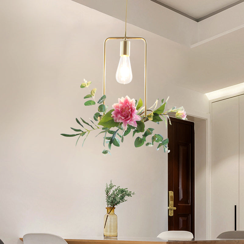 Suspension métallique moderne : 1 ampoule style loft champagne avec design unique en triangle/rond/carré pour plafond de salon, avec décoration de fleurs artificielles