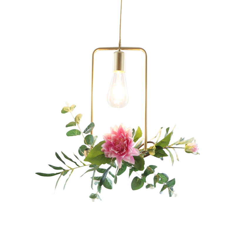 Suspension métallique moderne : 1 ampoule style loft champagne avec design unique en triangle/rond/carré pour plafond de salon, avec décoration de fleurs artificielles