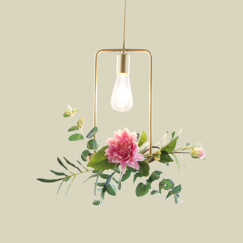 Suspension métallique moderne : 1 ampoule style loft champagne avec design unique en triangle/rond/carré pour plafond de salon, avec décoration de fleurs artificielles