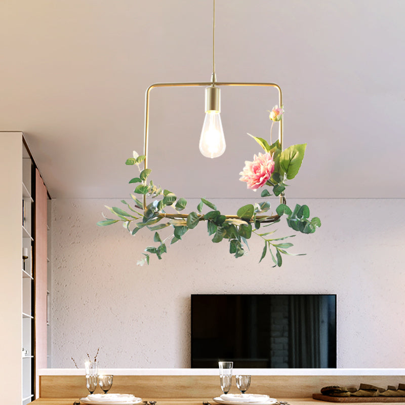 Suspension métallique moderne : 1 ampoule style loft champagne avec design unique en triangle/rond/carré pour plafond de salon, avec décoration de fleurs artificielles