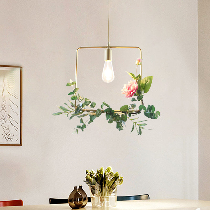 Suspension métallique moderne : 1 ampoule style loft champagne avec design unique en triangle/rond/carré pour plafond de salon, avec décoration de fleurs artificielles