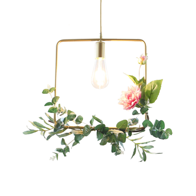 Suspension métallique moderne : 1 ampoule style loft champagne avec design unique en triangle/rond/carré pour plafond de salon, avec décoration de fleurs artificielles