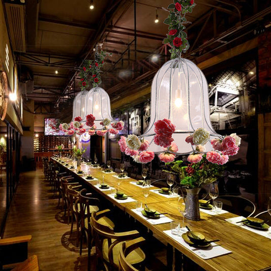 Kit de suspension métallique Bell - Lampe d'entrepôt à 1 ampoule avec décoration de fleurs artificielles pour restaurants