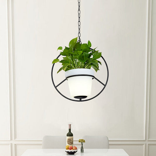 Metal Black Hanging Pendant Light with Round/Flower Frame - Farmhouse Ceiling Lamp + Bucket Planter