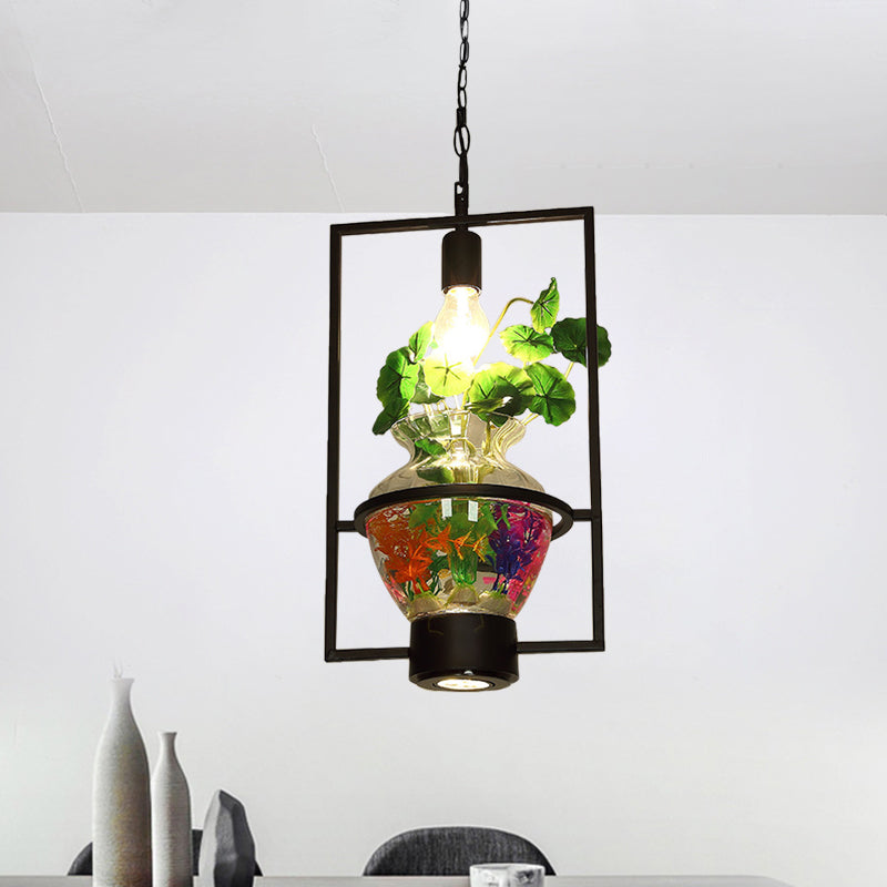 Black Round/Square Frame Hanging Lamp: Modern 1 Head Pendant Lighting Fixture for Dining Room with Urn Plant Pot