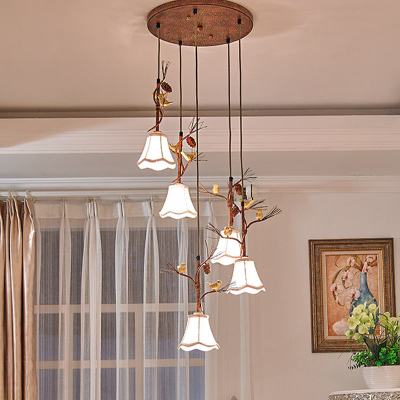 Country Fabric Flaxen Pendant Light With Scallop Design And Nature-Inspired Deco (3/5 Heads)