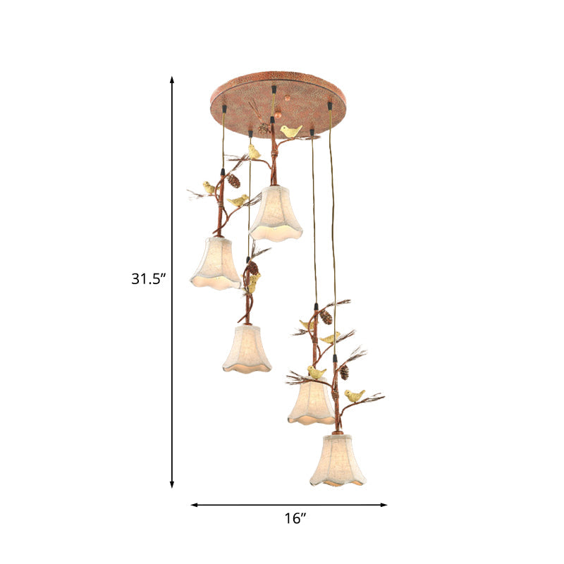 Country Fabric Flaxen Pendant Light With Scallop Design And Nature-Inspired Deco (3/5 Heads)