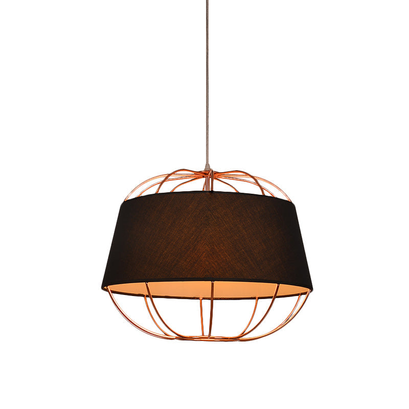 Country Style 1-Bulb Pendant Light Kit - Tapered Drum Fabric Hanging Lamp In White/Black With Wire