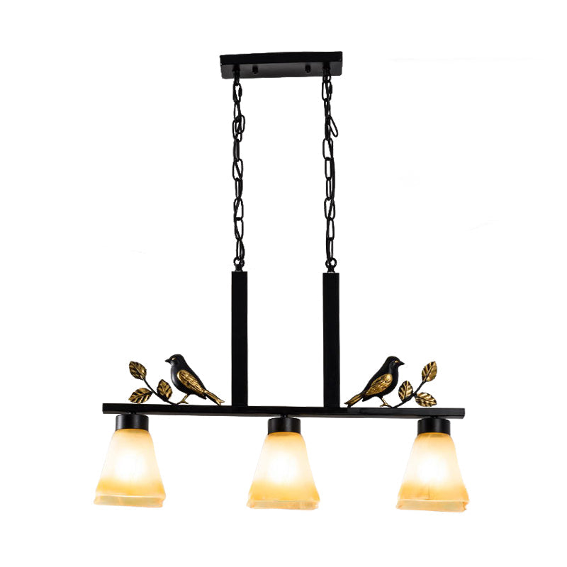 Black Island Pendant With 3 Tan Glass Shades And Bird Deco - Traditional Dining Room Ceiling Light