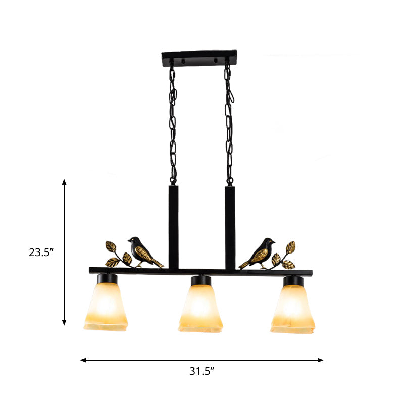 Black Island Pendant With 3 Tan Glass Shades And Bird Deco - Traditional Dining Room Ceiling Light