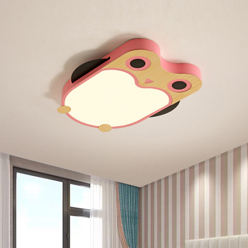 Cartoon Owl LED Flush Mount Lamp for Child Room - Thin Iron Ceiling Light in White/Pink/Blue with Wood Accents