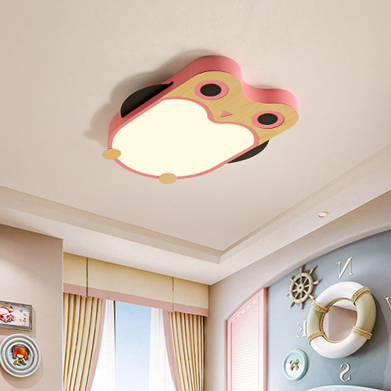 Cartoon Owl LED Flush Mount Lamp for Child Room - Thin Iron Ceiling Light in White/Pink/Blue with Wood Accents