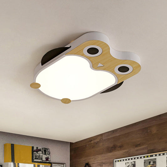 Cartoon Owl LED Flush Mount Lamp for Child Room - Thin Iron Ceiling Light in White/Pink/Blue with Wood Accents
