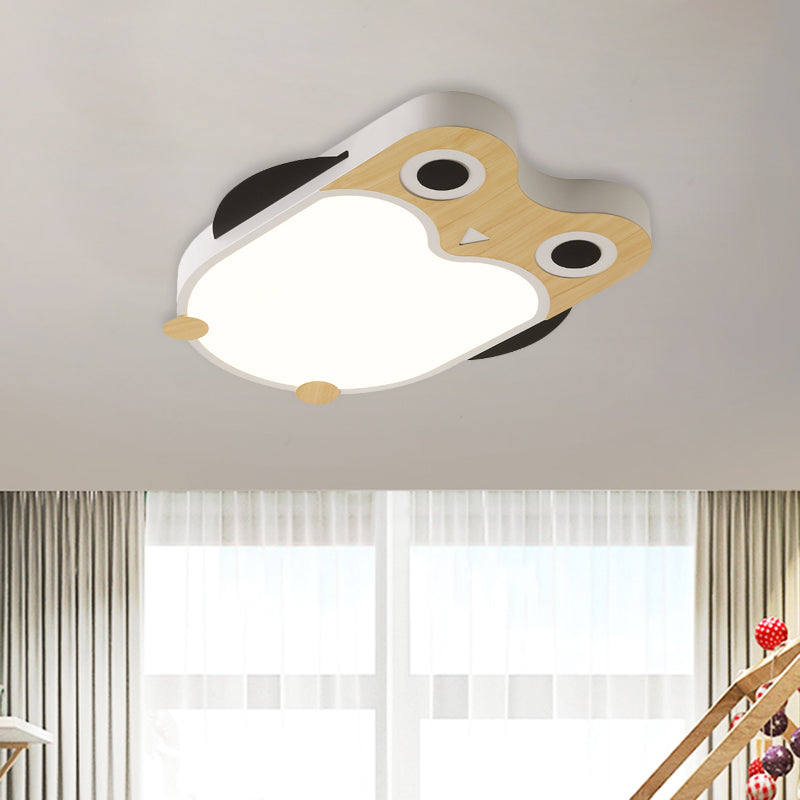 Cartoon Owl LED Flush Mount Lamp for Child Room - Thin Iron Ceiling Light in White/Pink/Blue with Wood Accents