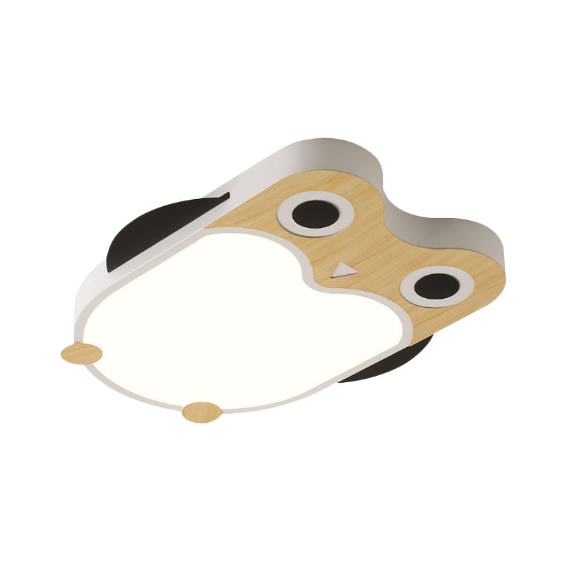 Cartoon Owl LED Flush Mount Lamp for Child Room - Thin Iron Ceiling Light in White/Pink/Blue with Wood Accents