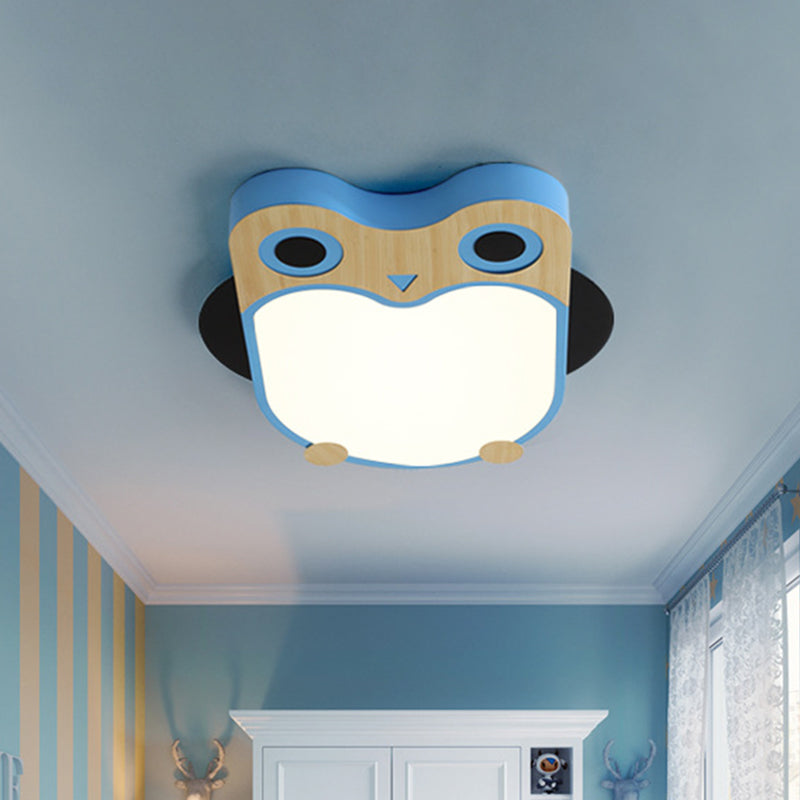 Cartoon Owl LED Flush Mount Lamp for Child Room - Thin Iron Ceiling Light in White/Pink/Blue with Wood Accents