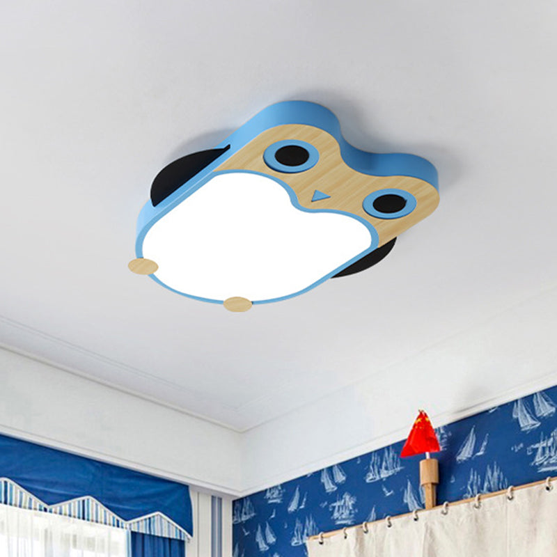 Cartoon Owl LED Flush Mount Lamp for Child Room - Thin Iron Ceiling Light in White/Pink/Blue with Wood Accents