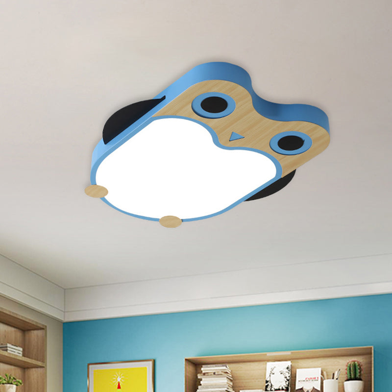 Cartoon Owl LED Flush Mount Lamp for Child Room - Thin Iron Ceiling Light in White/Pink/Blue with Wood Accents