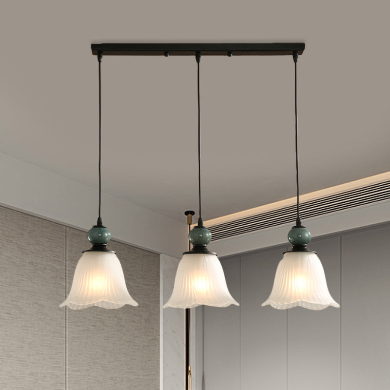 Frosted Ribbed Glass Flared Pendant: Rustic 3-Light Dining Room Hanging Lamp Kit In Black