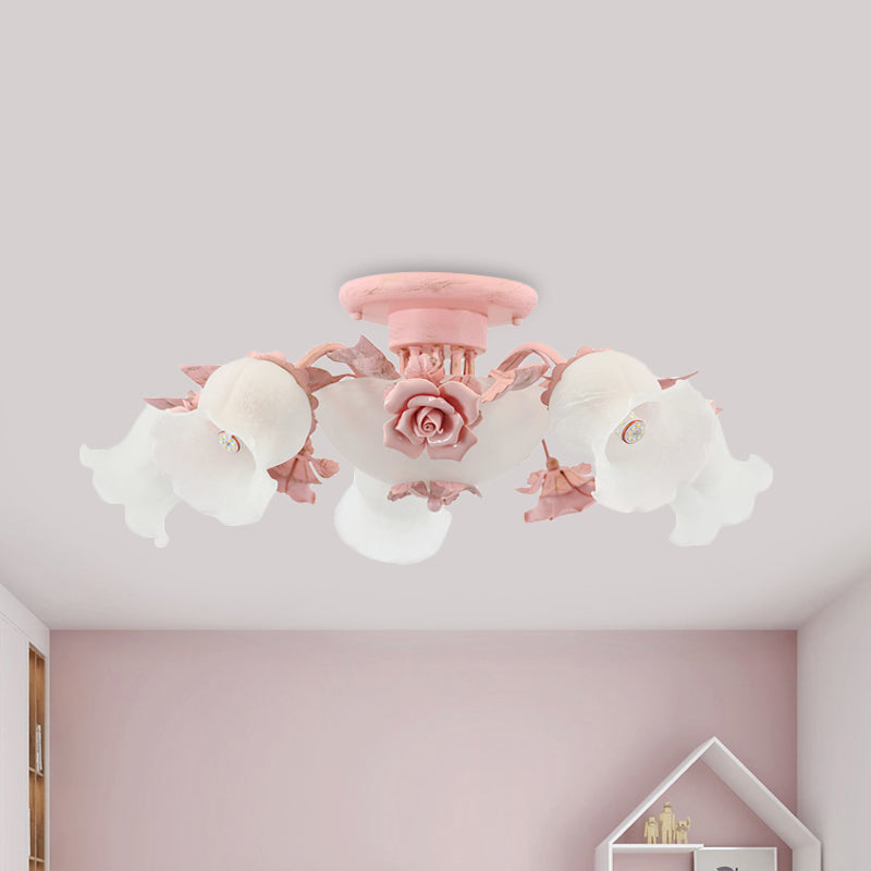 Pastoral Frosted Glass Flush Chandelier: Rose Blossom 7/11-Head Pink Ceiling Mount Light
