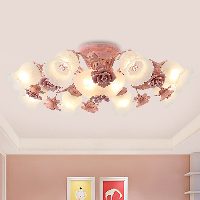 Pastoral Frosted Glass Flush Chandelier: Rose Blossom 7/11-Head Pink Ceiling Mount Light