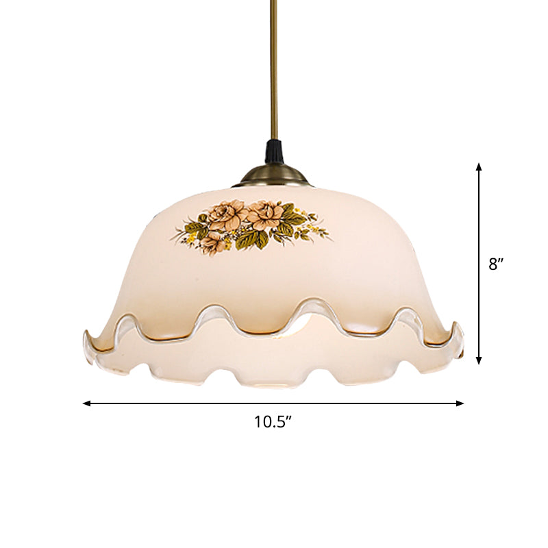 Pastoral White Glass Drop Pendant With Scalloped Bowl Design And 1 Light