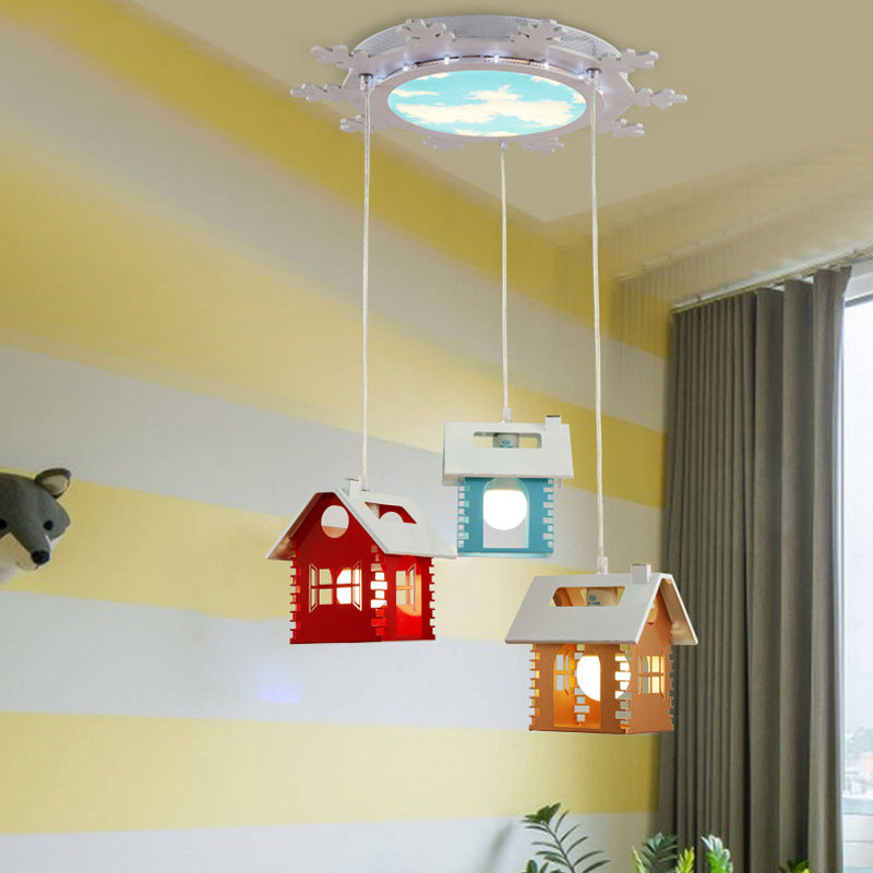House-Shaped Multi-Light Pendant With Metallic Finish And 3 Colored Heads