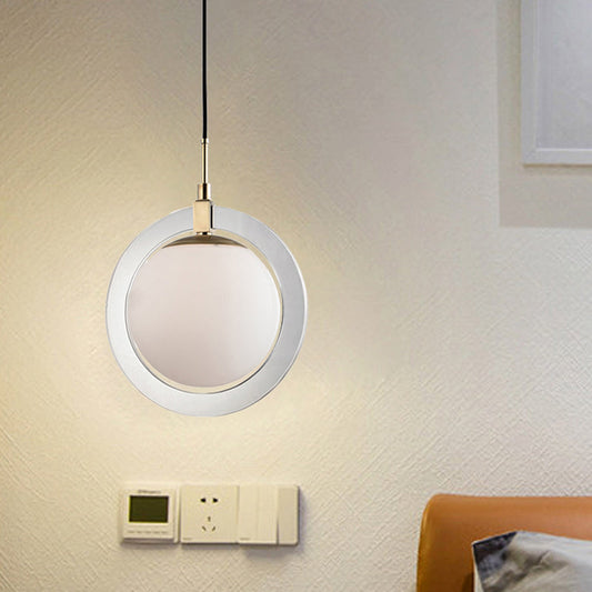 Minimalist White Glass Globe Pendant Light - Single Bedside Lighting Fixture with Ring Arm