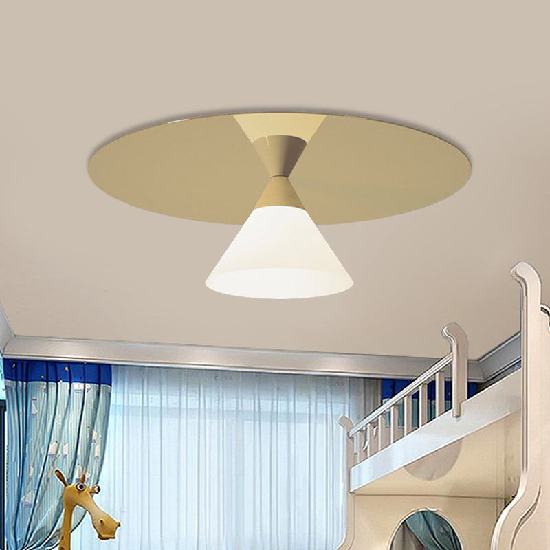 Post-Modern Brass Flush Mount Ceiling Light with White Glass Shade and Cone Design
