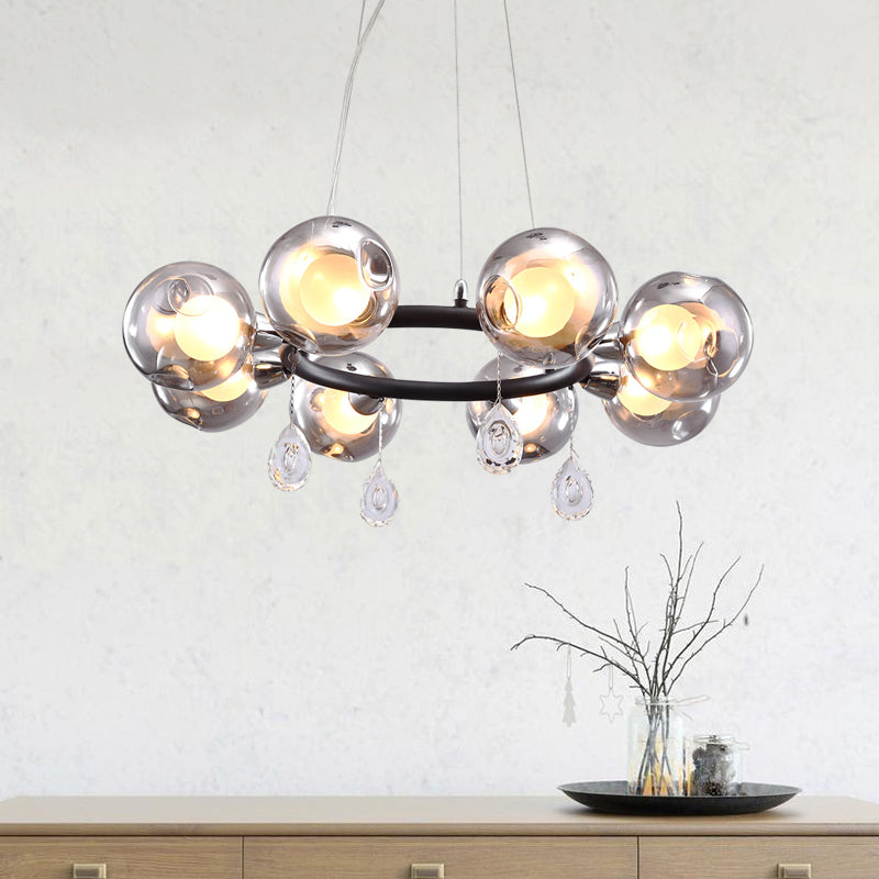 Lustre suspendu moderne en verre gris fumé avec gouttelettes - 8 lumières, noir