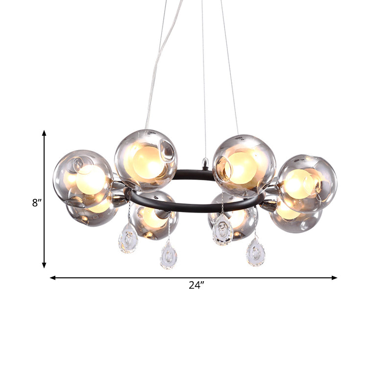 Lustre suspendu moderne en verre gris fumé avec gouttelettes - 8 lumières, noir