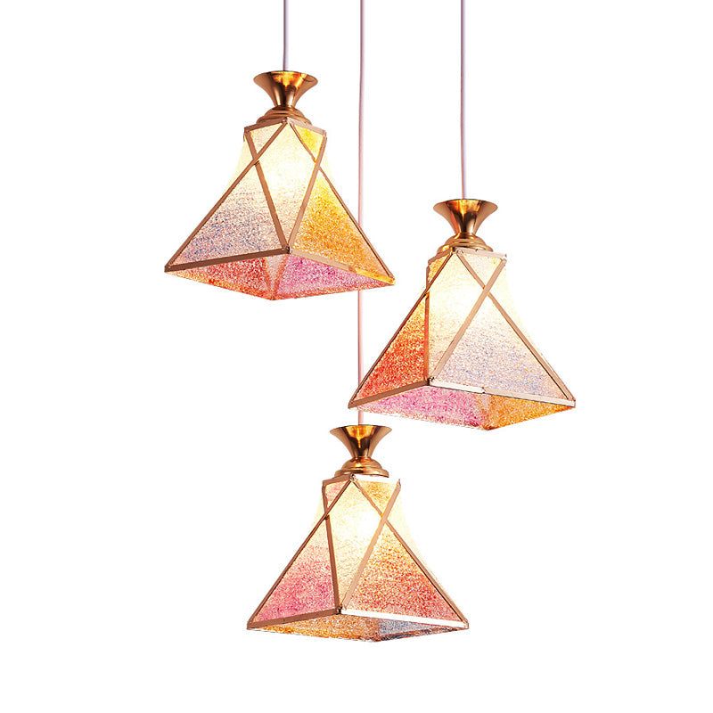 Modern 3-Head Rose Gold Pendant Lamp With Pink Glass Shades For Dining Room