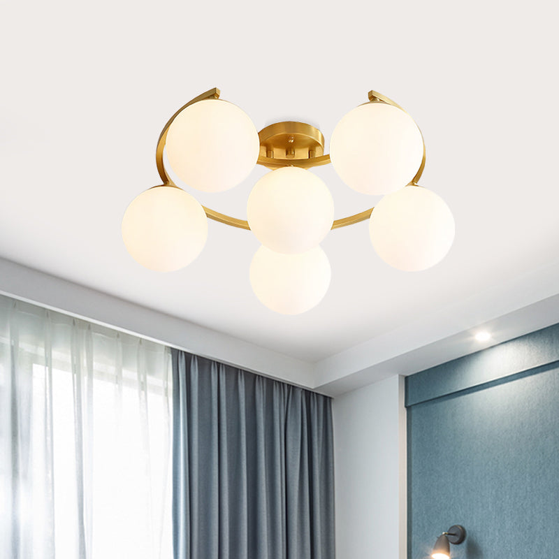 Modern Brass Milk Glass Flush Light with Crescent Canopy - 3/6 Head Close to Ceiling Lamp