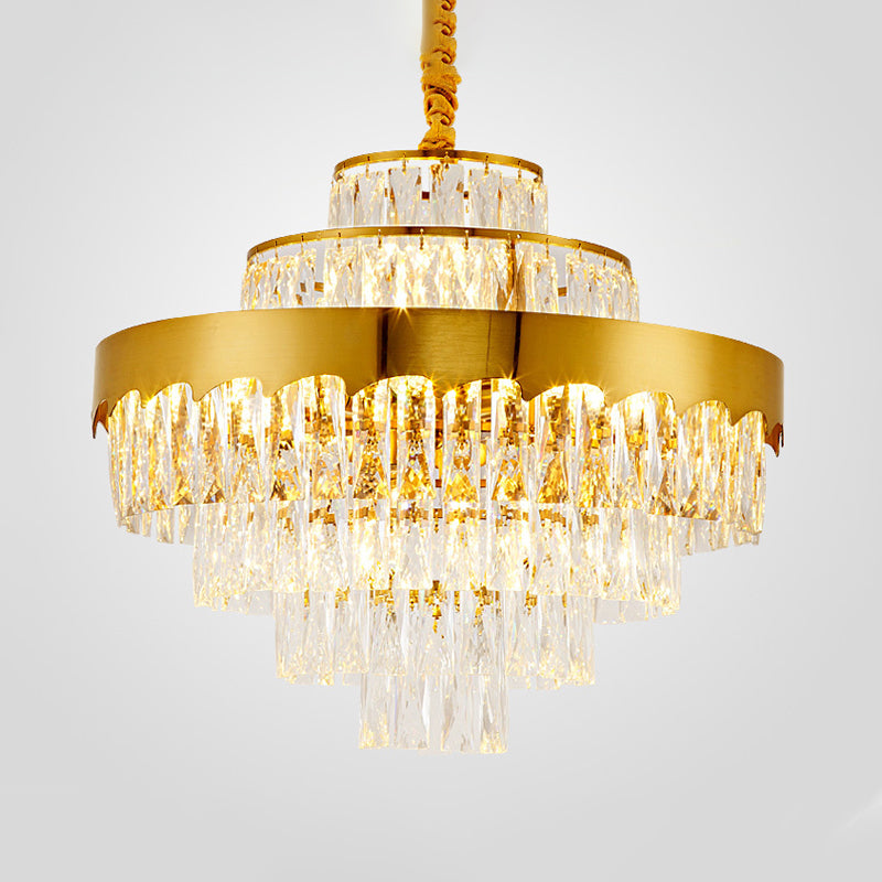 Lustre en cristal doré moderne à plusieurs niveaux, 9/12 lumières, éclairage suspendu rond pour salle à manger, 16"/19,5" de large
