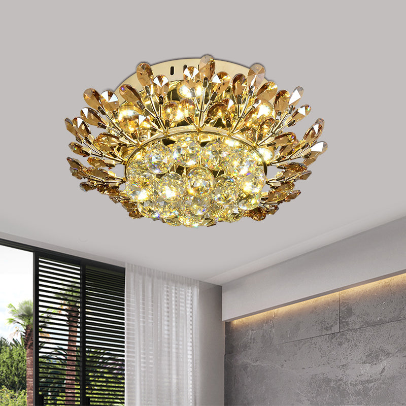 Plafonnier contemporain doré avec design de branches à LED - Montage encastré en cristal cognac et transparent pour salon