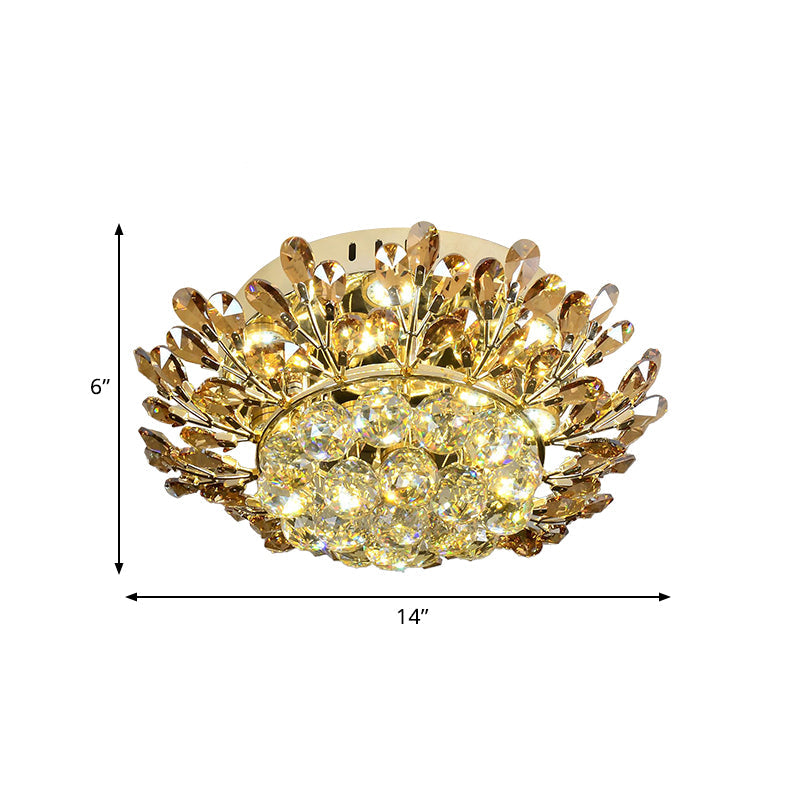 Plafonnier contemporain doré avec design de branches à LED - Montage encastré en cristal cognac et transparent pour salon