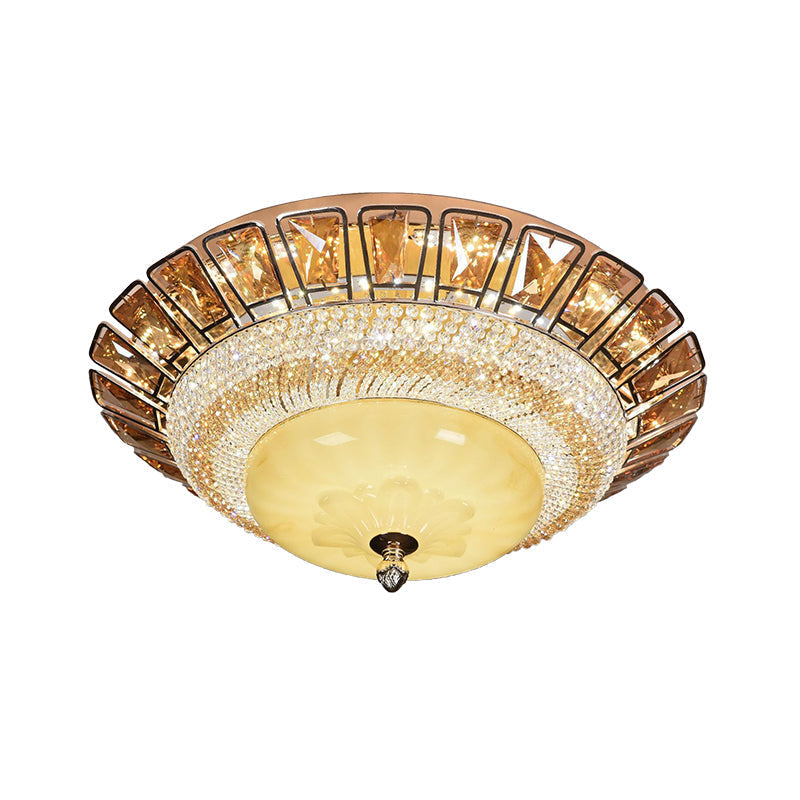 Contemporary Gold Flush Mount Ceiling Light with LED, Bowl Cognac and Clear Crystal for Living Room