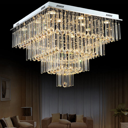 Simple Style Crystal Ceiling Mount Light - 12 Bulbs Flushmount Lighting, Tiered Square Flute Design in Chrome