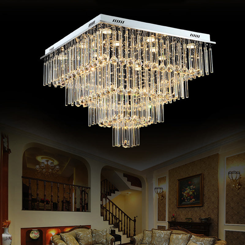 Simple Style Crystal Ceiling Mount Light - 12 Bulbs Flushmount Lighting, Tiered Square Flute Design in Chrome