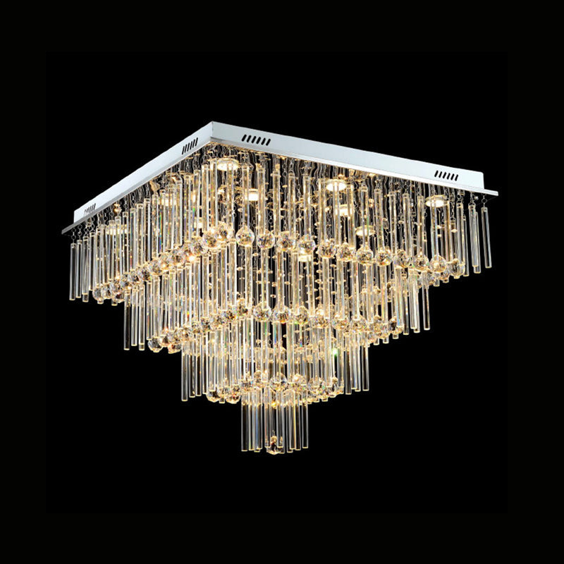 Simple Style Crystal Ceiling Mount Light - 12 Bulbs Flushmount Lighting, Tiered Square Flute Design in Chrome