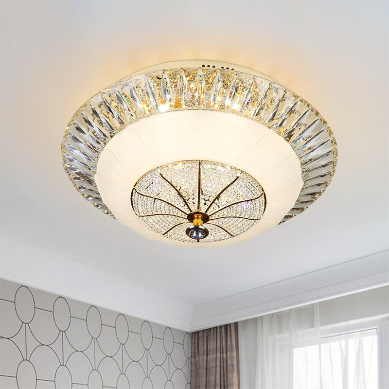 Contemporary Crystal Ceiling Light with White Bowl Shade - LED Flush Mount for Bedroom (16"/19.5" Wide)