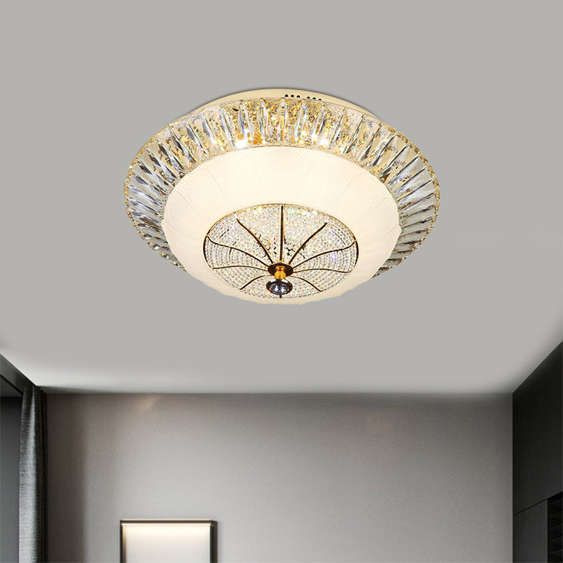Contemporary Crystal Ceiling Light with White Bowl Shade - LED Flush Mount for Bedroom (16"/19.5" Wide)