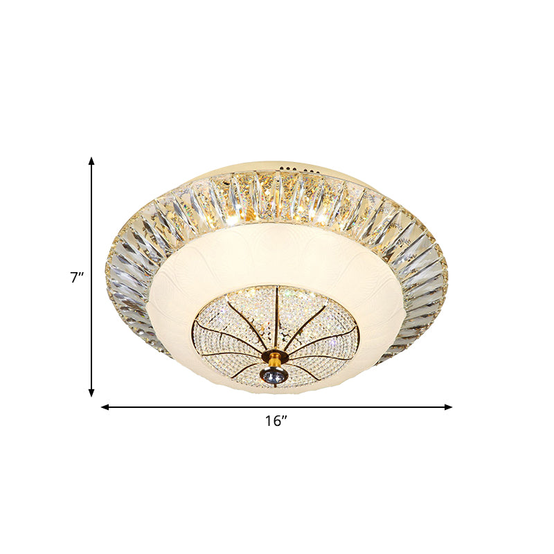 Contemporary Crystal Ceiling Light with White Bowl Shade - LED Flush Mount for Bedroom (16"/19.5" Wide)