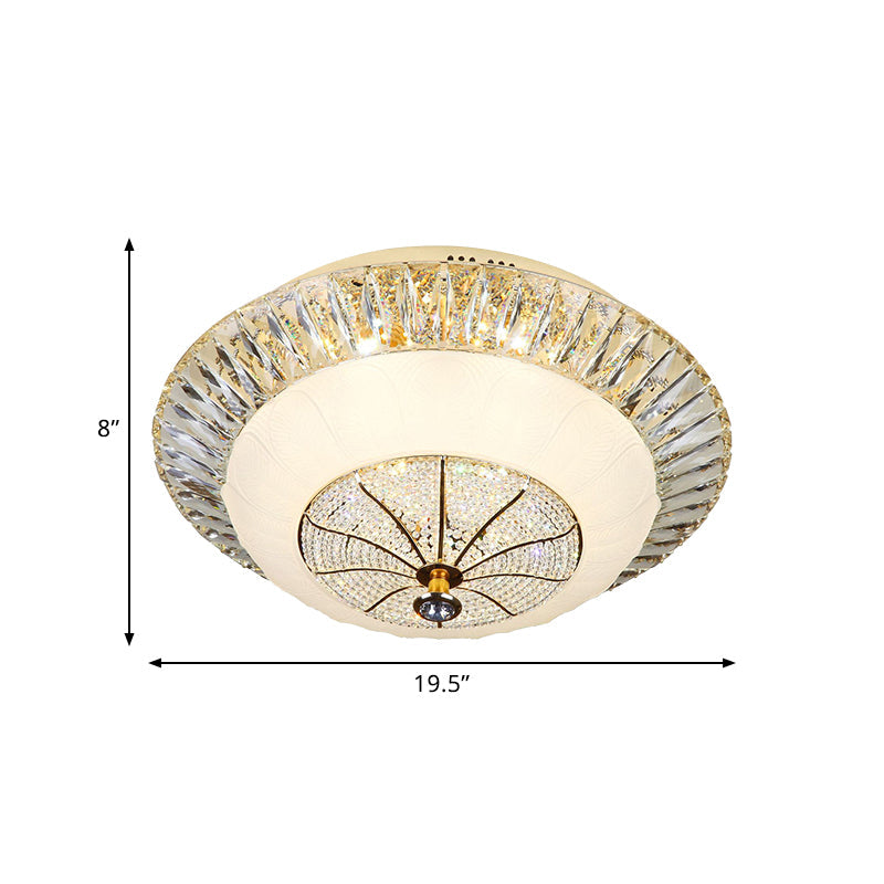 Contemporary Crystal Ceiling Light with White Bowl Shade - LED Flush Mount for Bedroom (16"/19.5" Wide)