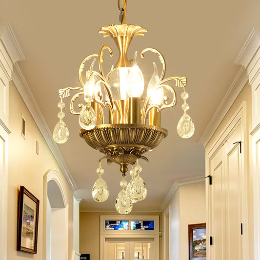 Vintage Crystal Chandelier Light Fixture with Swirl Arm - Brass, 4 Heads for Corridors